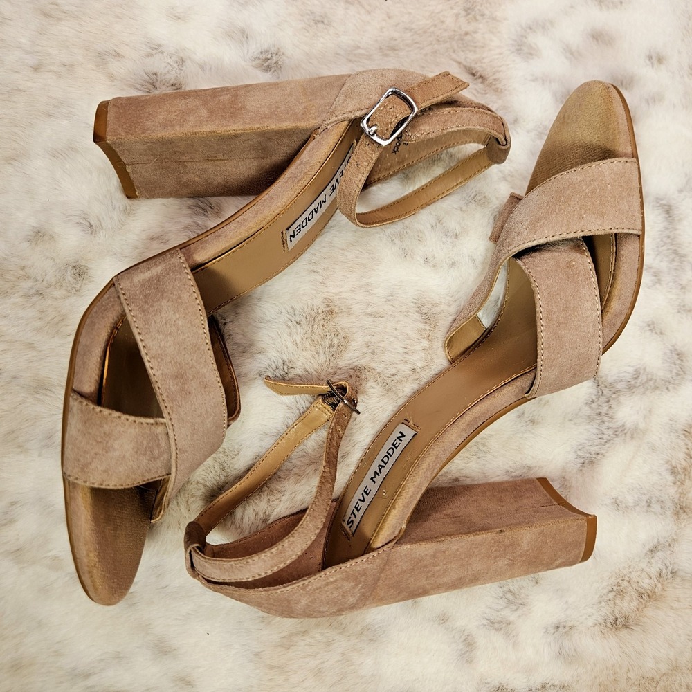 Steve Madden Suede Tan Heels 7M Sarall Open Toes Ankle Straps Office Core Date‎ - Picture 6 of 13